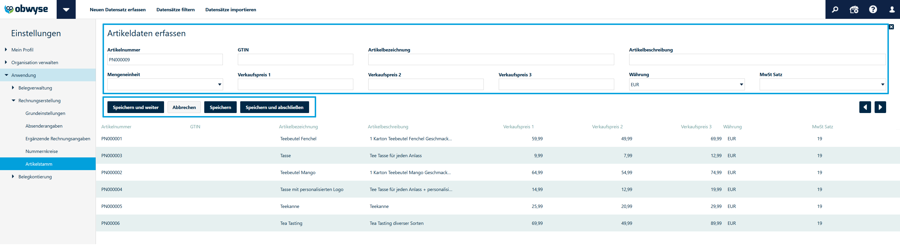 Artikelstamm-Eingabemaske
