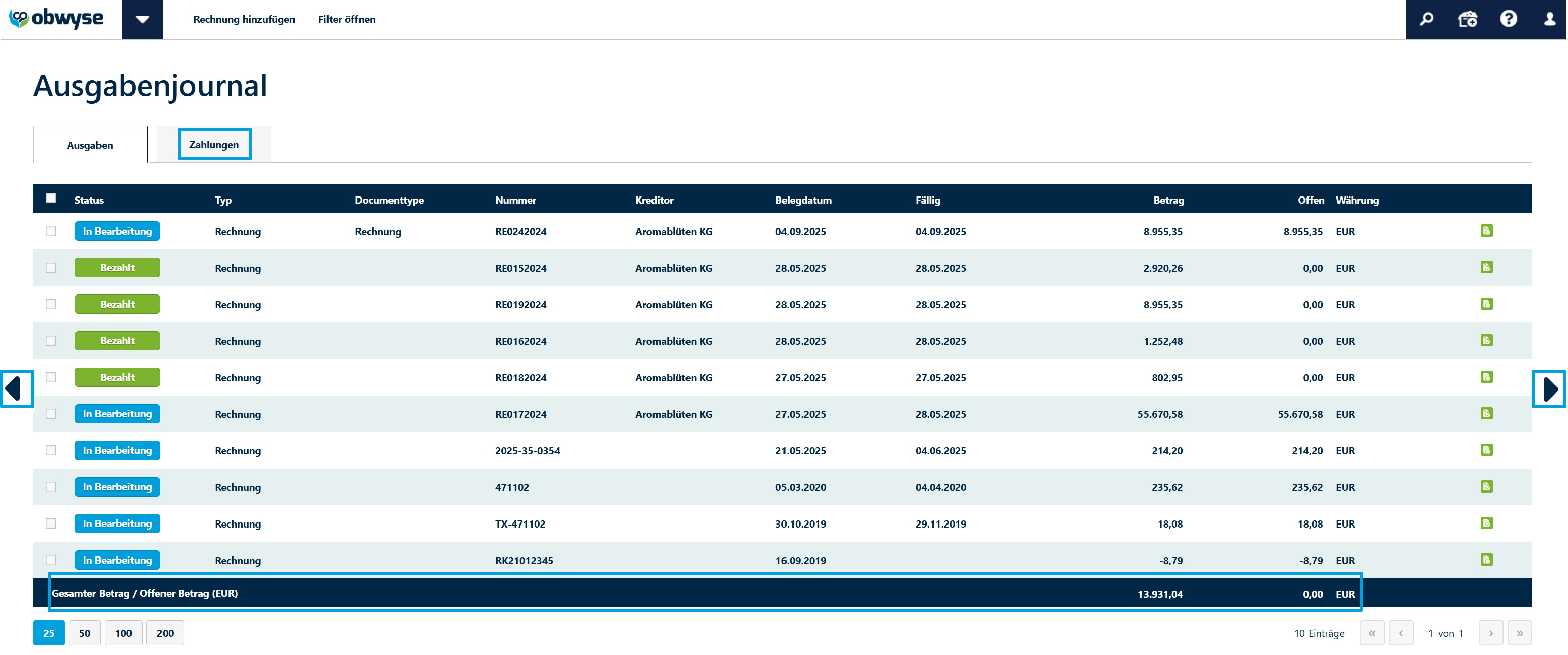 Ausgabenjournal-Übersicht