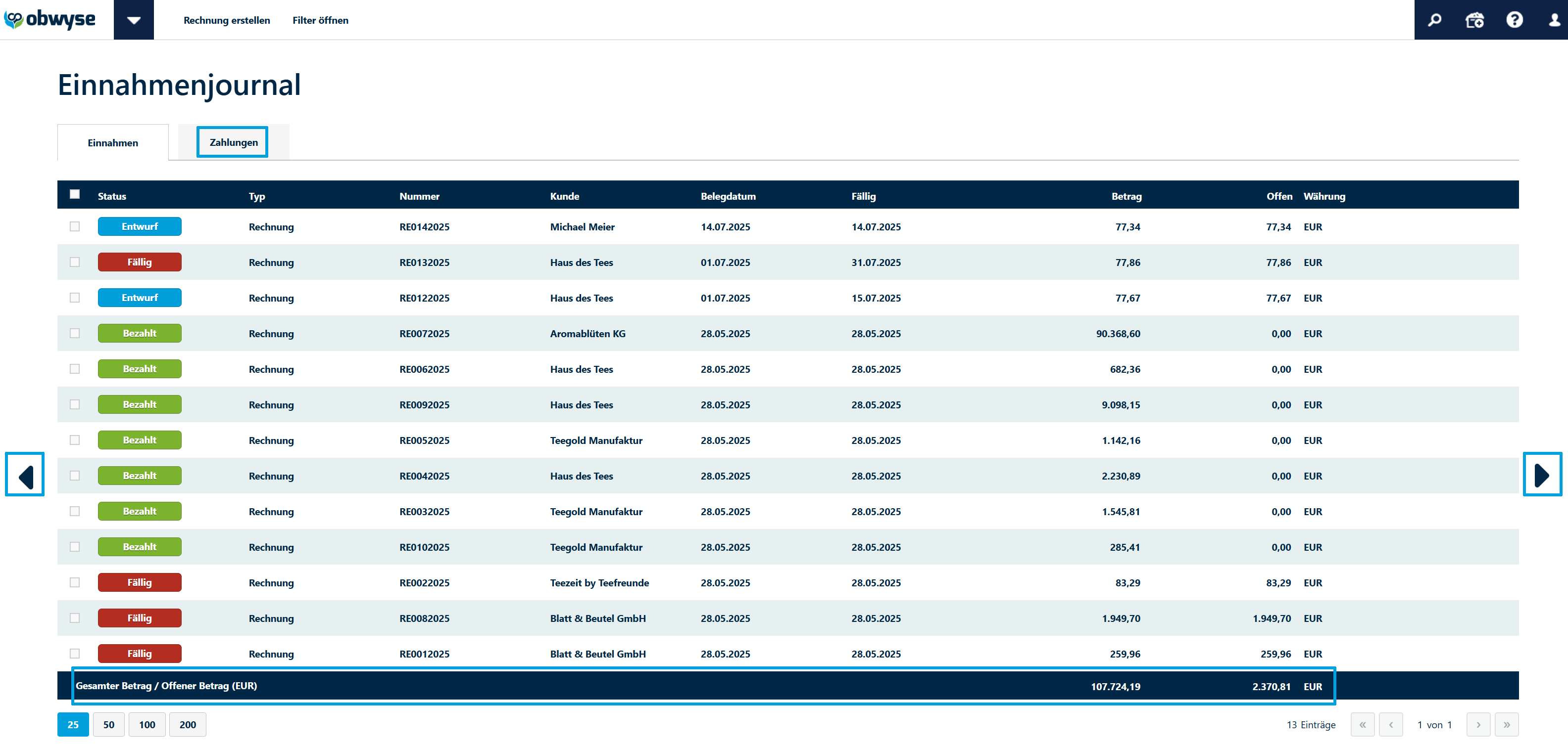 Einnahmenjournal-Übersicht
