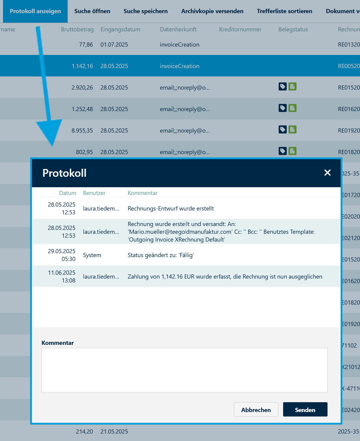 Archivsuche-Kontextmenü-Protokoll-anzeigen