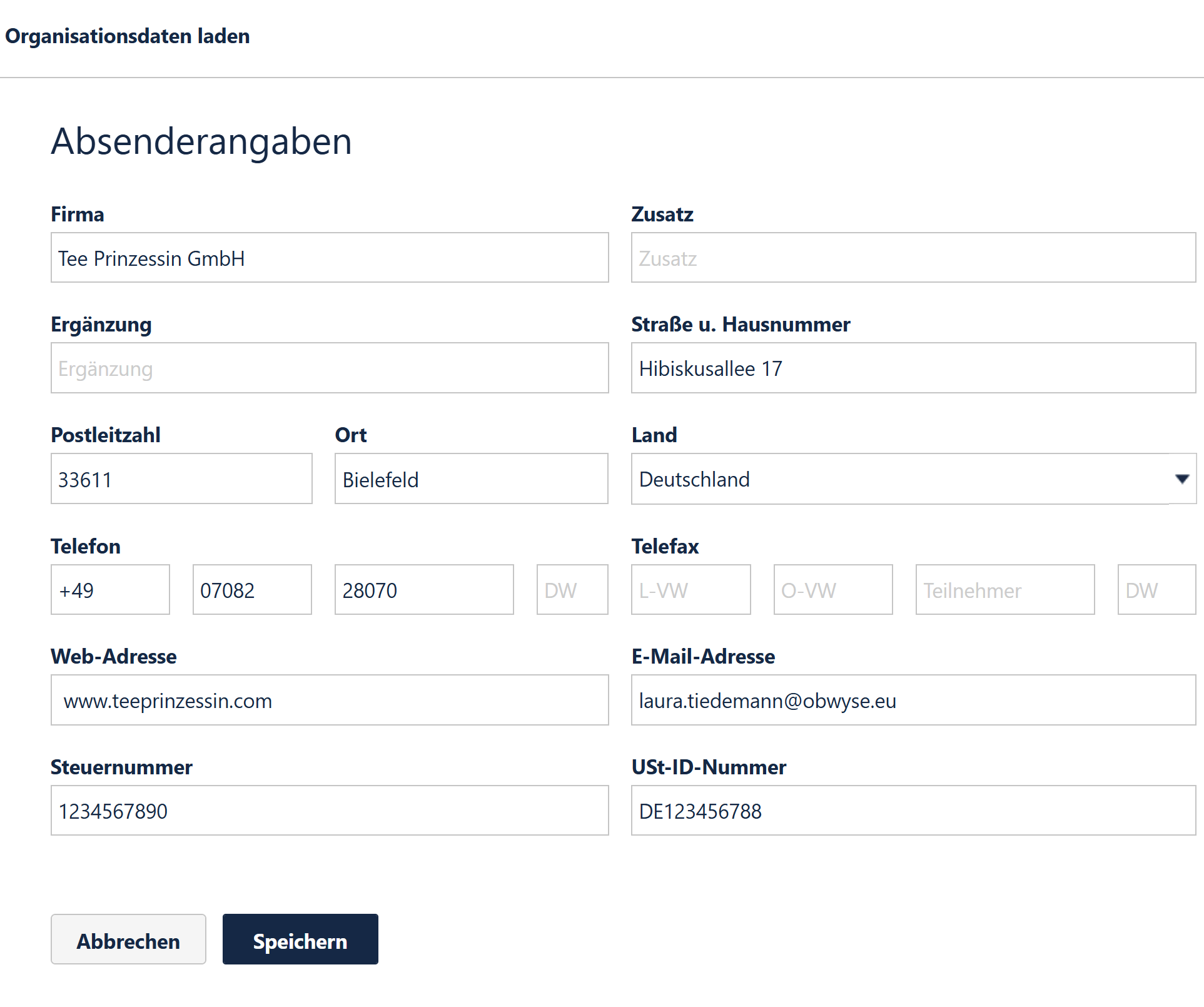 Rechnungserstellung-Absenderangaben-Eingabemaske