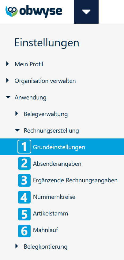 Rechnungserstellung-Einstellungen-Seitenleiste