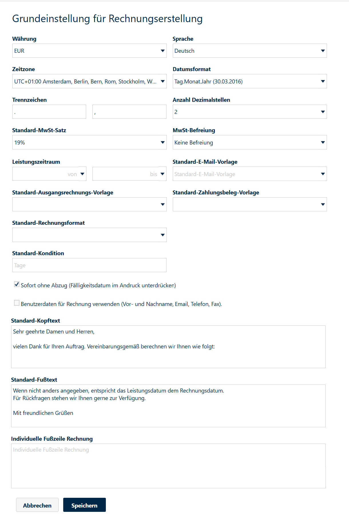 Rechnungserstellung-Grundeinstellungen-Eingabemaske
