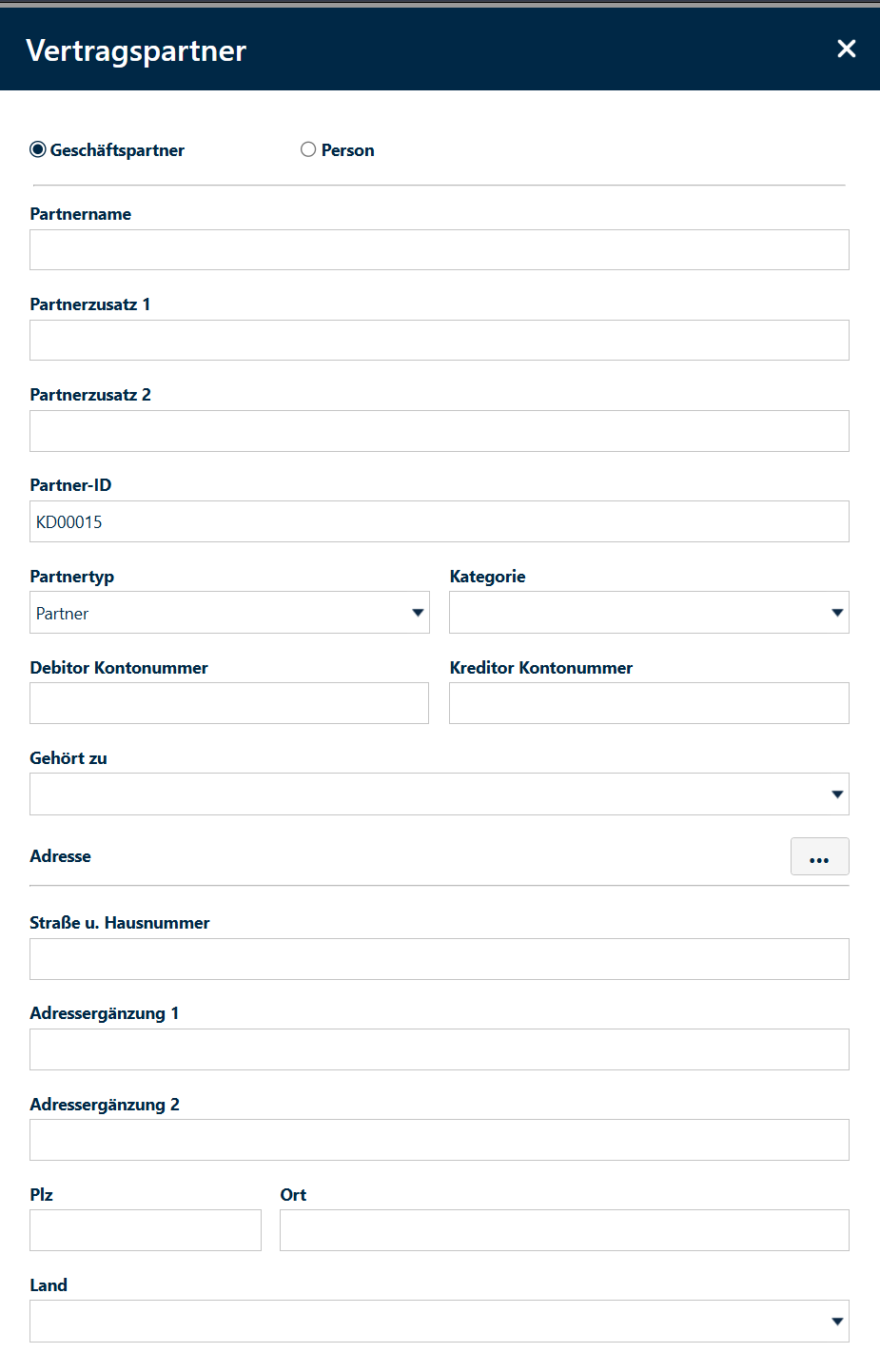 Eingabemaske um einen Geschäftspartner anzulegen