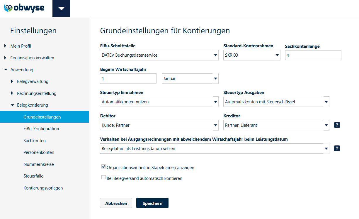 Grundeinstellungen für Kontierung