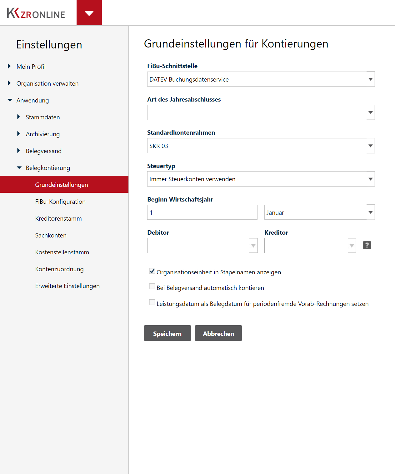 Grundeinstellungen für Kontierungen