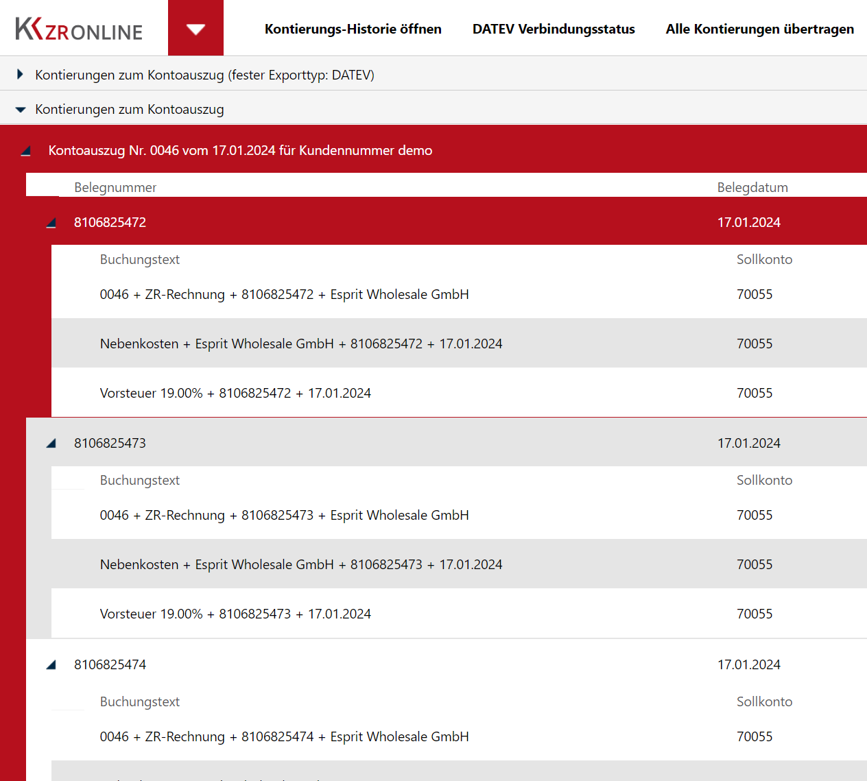 Kontierungsübersicht mit aufgeklapptem Stapel